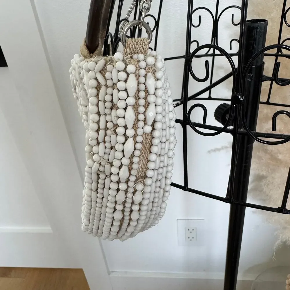 ZARA White Beaded Boho Half Moon Wooden Top Handle Convertible Bag Chain Strap - Picture 5 of 10